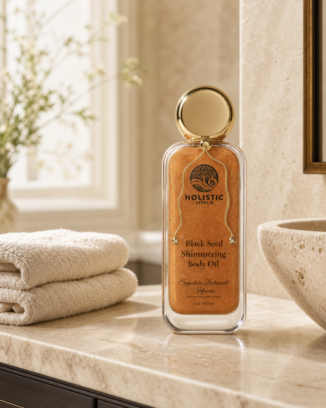 Holistic Vitalis Black Seed Shimmering Body Oil in a luxury bathroom ritual