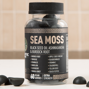 Black Gold Sea Moss Gummies close-up showing extra strength vegan gummies and bottle label