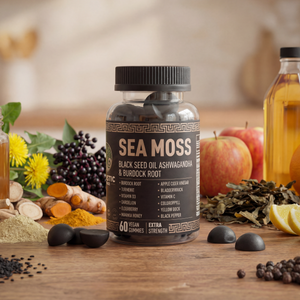Black Gold Sea Moss Gummies bottle with 16 raw superfood ingredients including turmeric, elderberry, and black seed