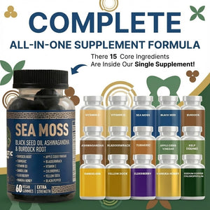 Black Gold Sea Moss Gummies complete all-in-one formula with 15 core ingredients shown individually