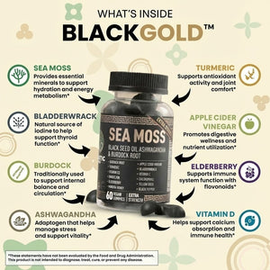 What is inside Black Gold Sea Moss Gummies - 8 key ingredients including sea moss, turmeric, ashwagandha, elderberry, and bladderwrack with benefits