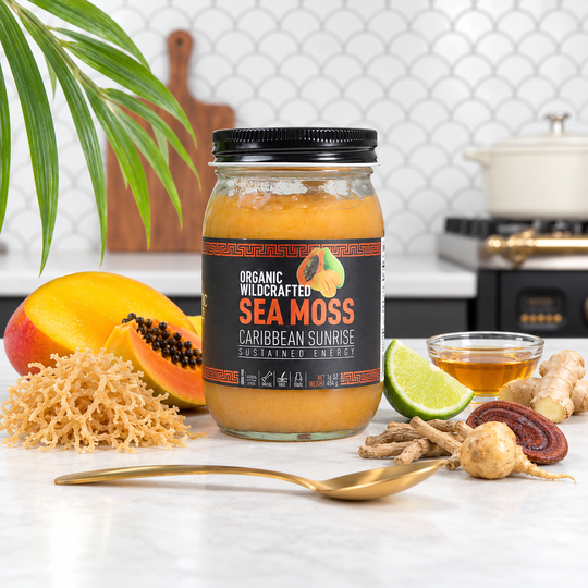Caribbean Sunrise sea moss gel with its listed ingredients
