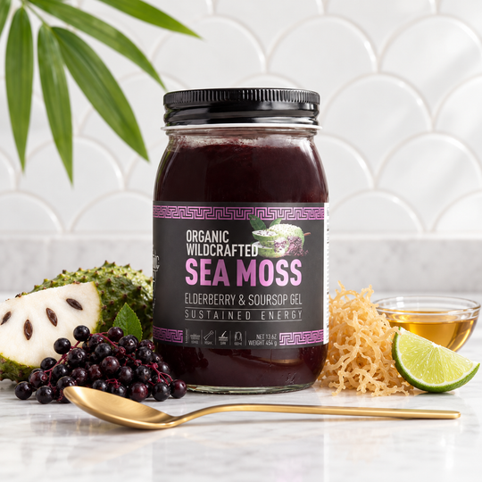 Elderberry & Soursop sea moss gel with its listed ingredients