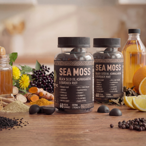 Black Gold Sea Moss Gummies 2-Pack - two bottles with turmeric, elderberry, and apple cider vinegar ingredients