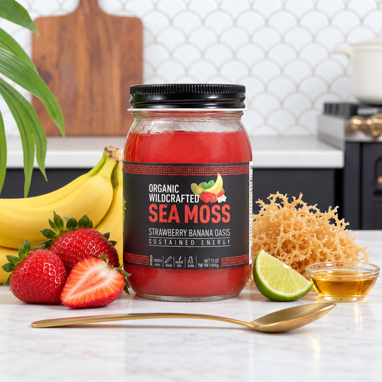 Strawberry Banana Oasis sea moss gel with its listed ingredients